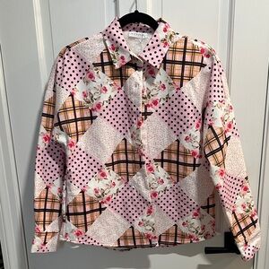 Women's Patchwork Button Down Shirt - Pink and Black Multi Patterned Swacket